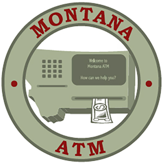 Montana ATM logo: an ATM dispensing cash over the outline of Montana